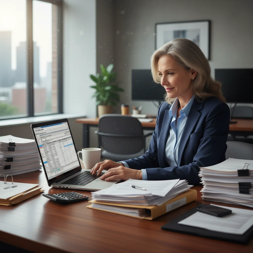 A photorealistic image of a professional adult accountant or tax advisor working at a desk in a modern office, reviewing financial documents and using a computer to handle tax declarations, symbolizing the resolution of formal invoice tax issues, with a focused and relieved expression, no children present.