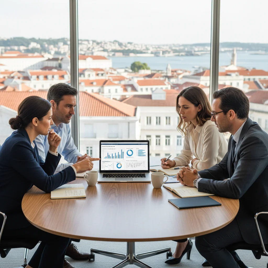 A photorealistic image depicting a professional business meeting in a modern Portuguese office, where a diverse group of adults is reviewing financial reports and discussing fiscal matters, symbolizing the importance of invoices in business and taxation in Portugal. The scene includes elements like a laptop displaying charts, coffee cups, and a window with a view of Lisbon skyline, conveying professionalism and economic activity.