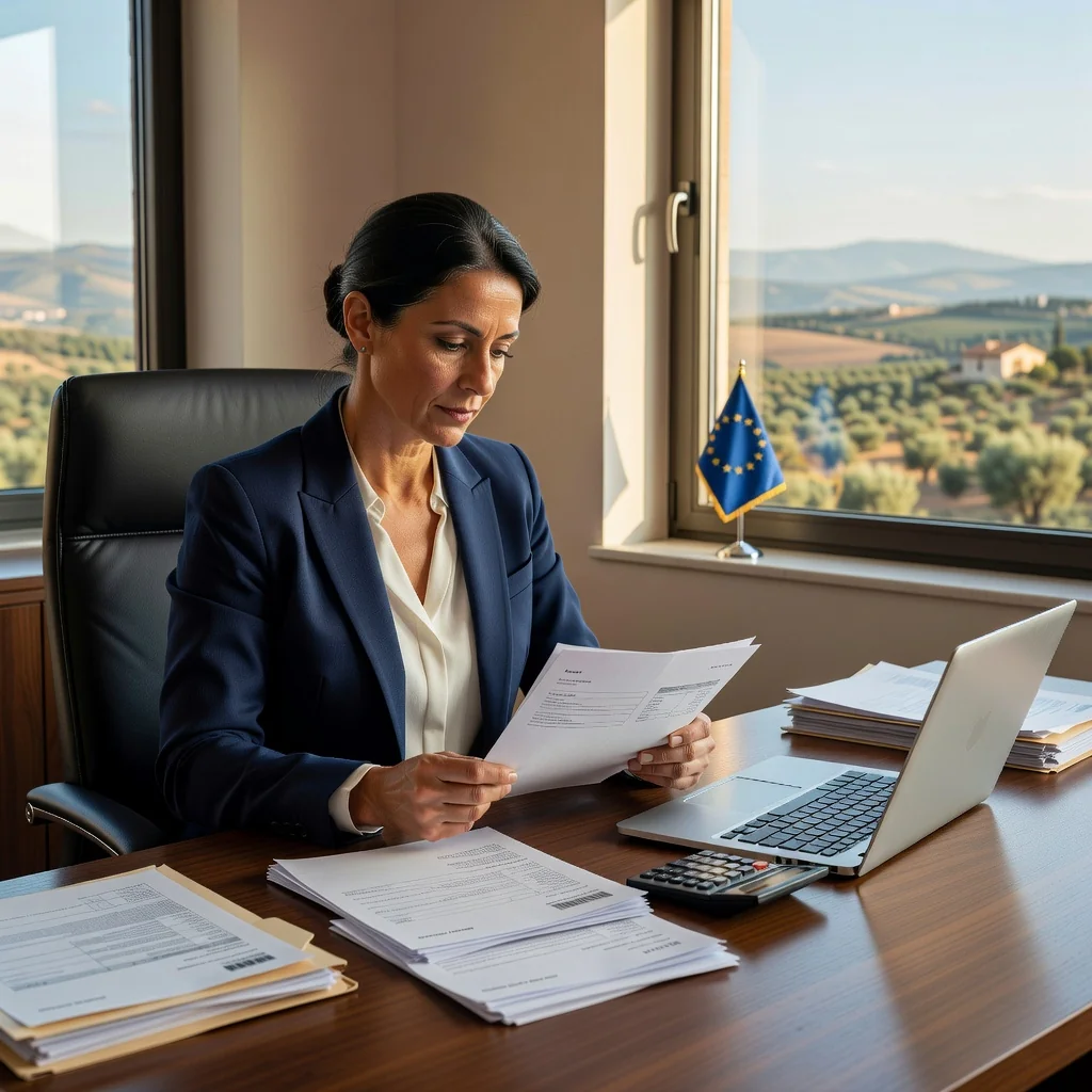A photorealistic image of a professional Spanish accountant or businessperson in a modern office in Spain, carefully reviewing financial documents on a desk with a calculator and computer, symbolizing attention to detail in avoiding errors in invoices, with subtle Spanish elements like a flag or Madrid skyline in the background. No children present.