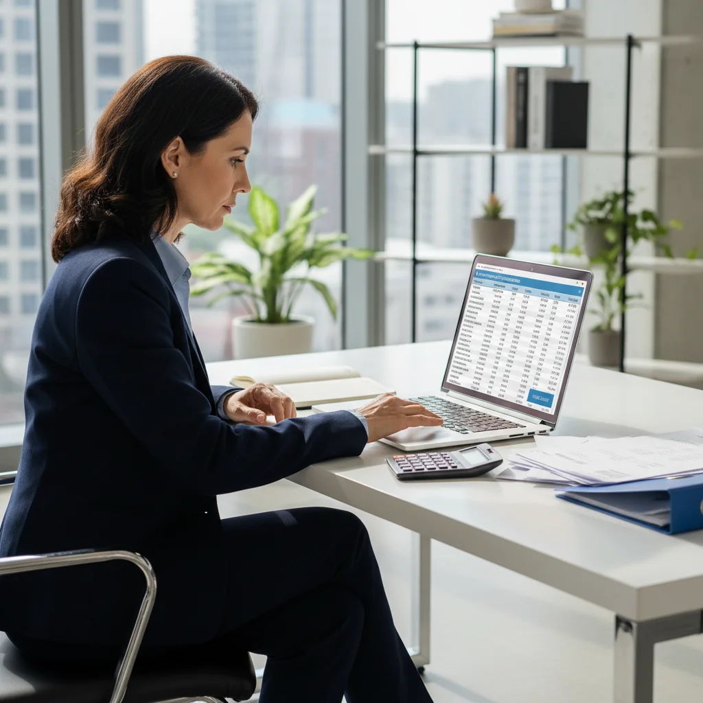 A photorealistic image of a professional businesswoman in a modern office environment, confidently reviewing financial documents on a computer screen while preparing to issue an invoice, symbolizing the process of generating fiscal notes for companies. The scene conveys efficiency and compliance in business operations.