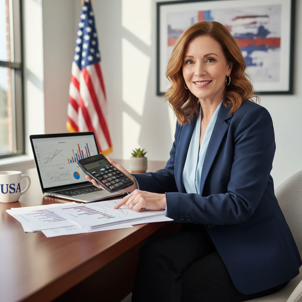 A photorealistic image of a professional businesswoman in a modern office, confidently reviewing financial documents on her desk with a calculator and laptop, symbolizing the creation and management of professional invoices in a US business context. The scene conveys efficiency and professionalism without focusing on the invoice itself.