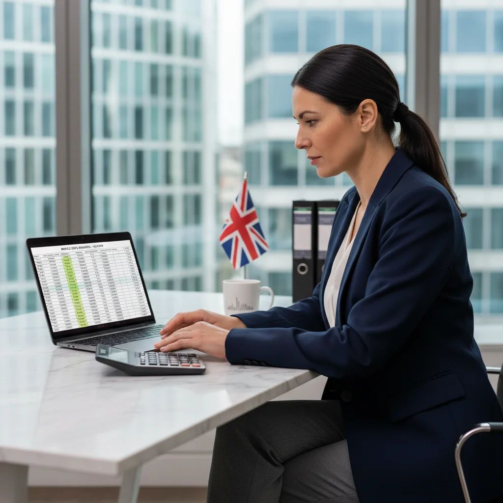A photorealistic image of a professional businesswoman in a modern UK office, reviewing financial documents on a computer screen with a Union Jack flag subtly in the background, symbolizing compliance and best practices in invoicing.