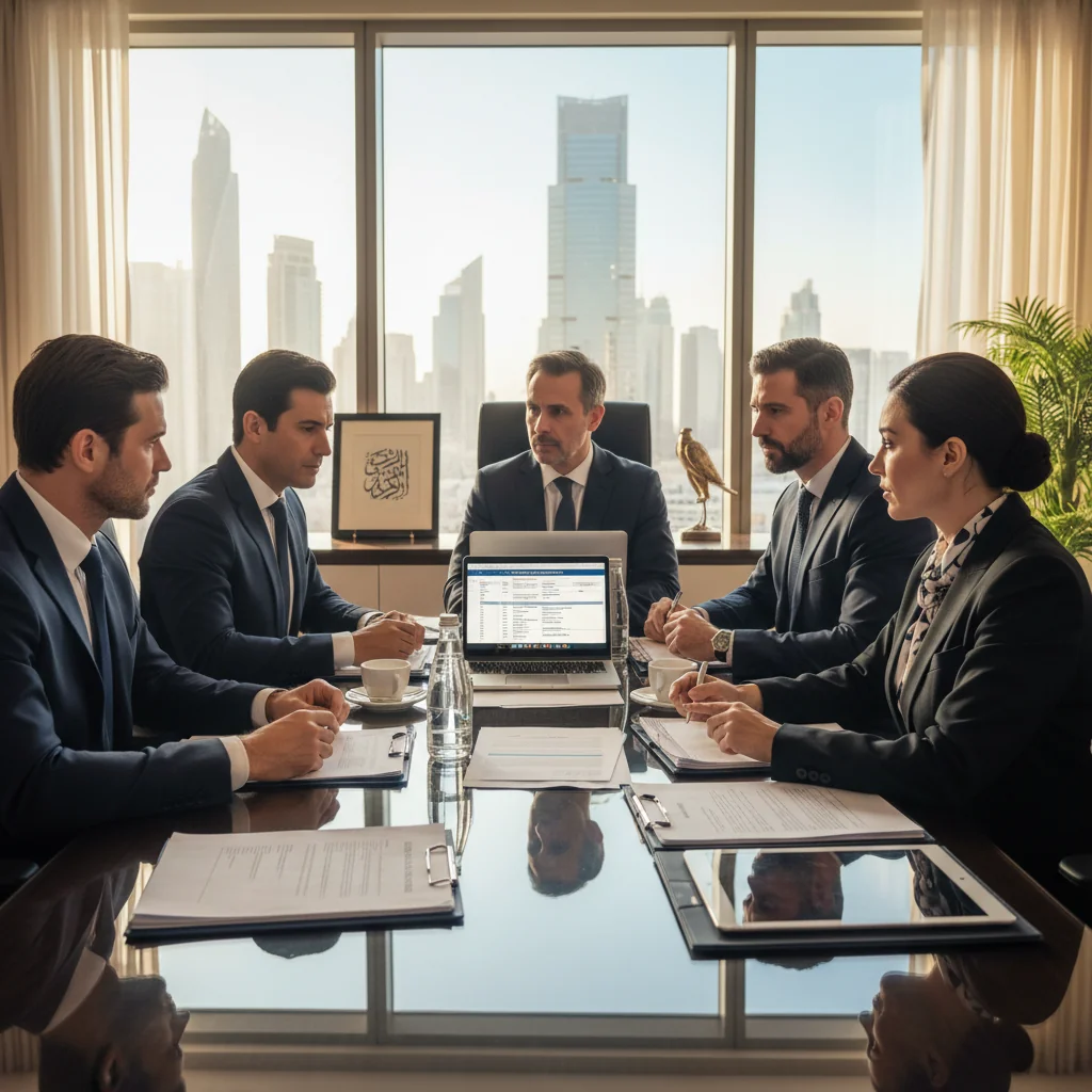 A photorealistic image of a professional business meeting in the UAE, with adults in formal attire discussing financial documents around a modern conference table, symbolizing legal compliance and official invoicing in the Emirates. No children present.