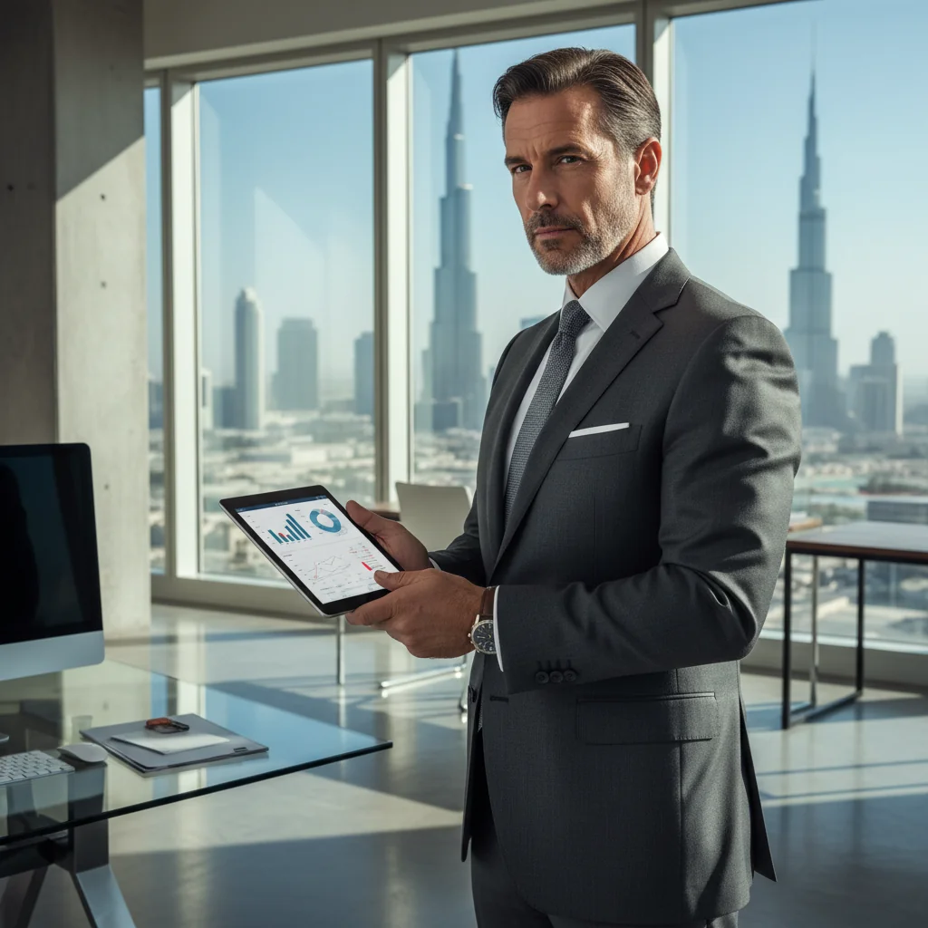 A photorealistic image of a professional businessperson in a modern office setting in the UAE, such as Dubai, standing confidently while reviewing financial documents on a tablet, symbolizing the formal invoicing process, with elements like a UAE flag or skyline in the background to represent the location.