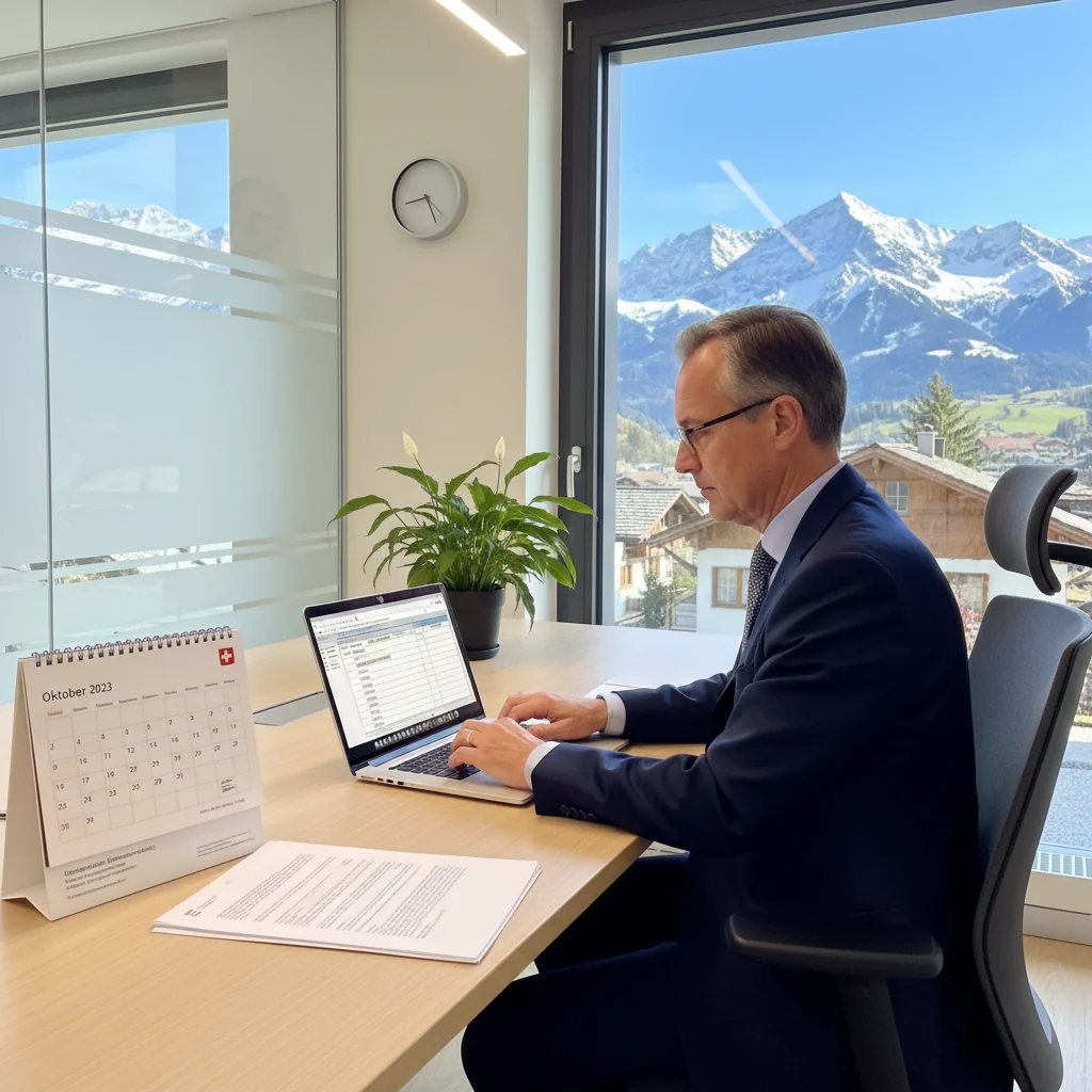 A photorealistic image of a professional businessperson in a modern office setting, confidently reviewing and preparing financial documents on a computer, symbolizing the creation of a correct invoice according to Swiss guidelines, with Swiss flag elements in the background for context.