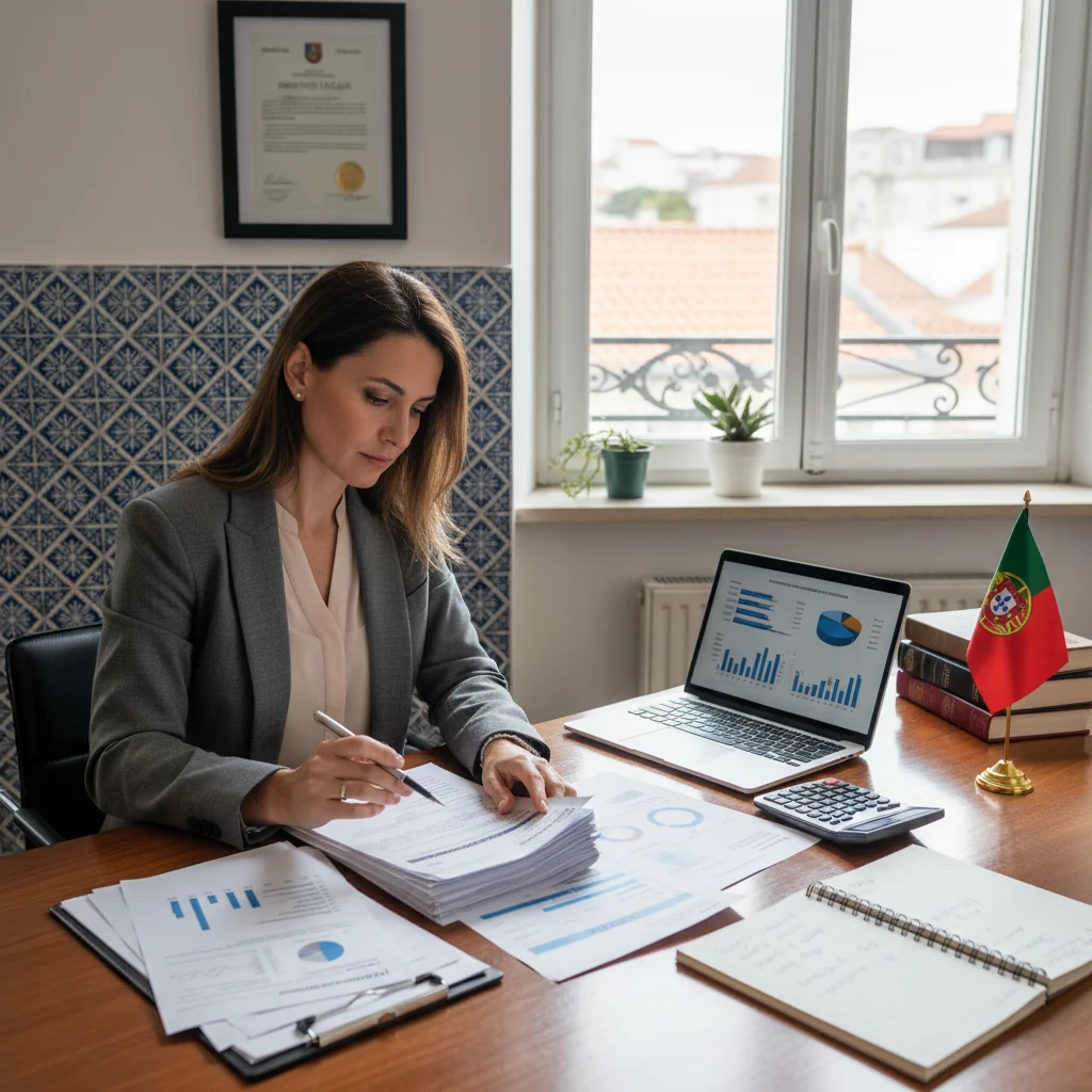A photorealistic image of a professional businesswoman in a modern Portuguese office, reviewing financial documents on her desk with a calculator and laptop, symbolizing rights and obligations in invoices for Portuguese companies. The scene conveys compliance, professionalism, and business focus, with warm natural light filtering through windows overlooking Lisbon architecture in the background. No children are present.