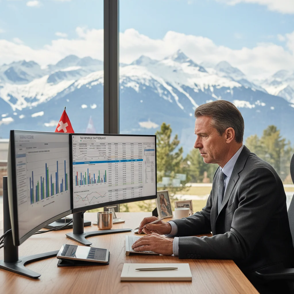 A photorealistic image of a professional Swiss businessperson in a modern office setting, reviewing financial documents on a computer screen displaying tax calculations and VAT invoices, with Swiss Alps visible through the window in the background, symbolizing Swiss tax regulations.
