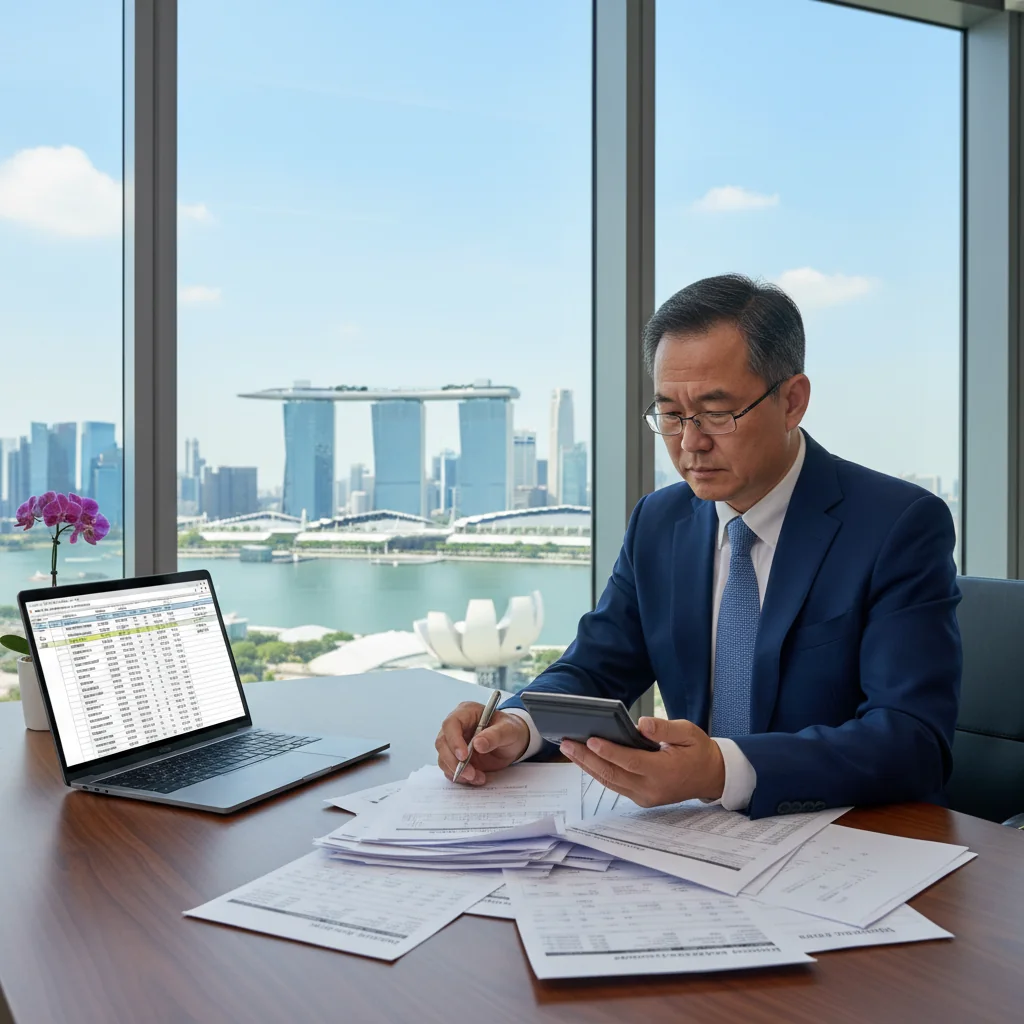 A photorealistic image of a professional adult businessperson in a modern Singapore office, carefully reviewing financial documents on a desk with a calculator and laptop, symbolizing attention to detail in tax invoicing to avoid common mistakes. The scene captures a focused, professional atmosphere with elements of Singapore like a city skyline view through the window, ensuring no children are present.