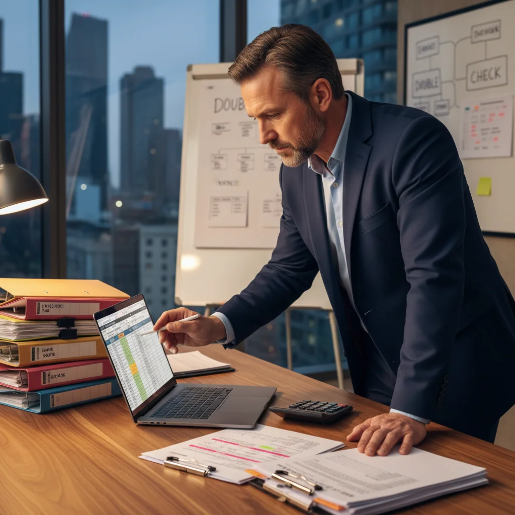 A photorealistic image of a professional adult accountant in a modern office, carefully reviewing financial documents on a computer screen with a focused expression, symbolizing accuracy and error prevention in formal invoicing processes. No children are present in the scene.