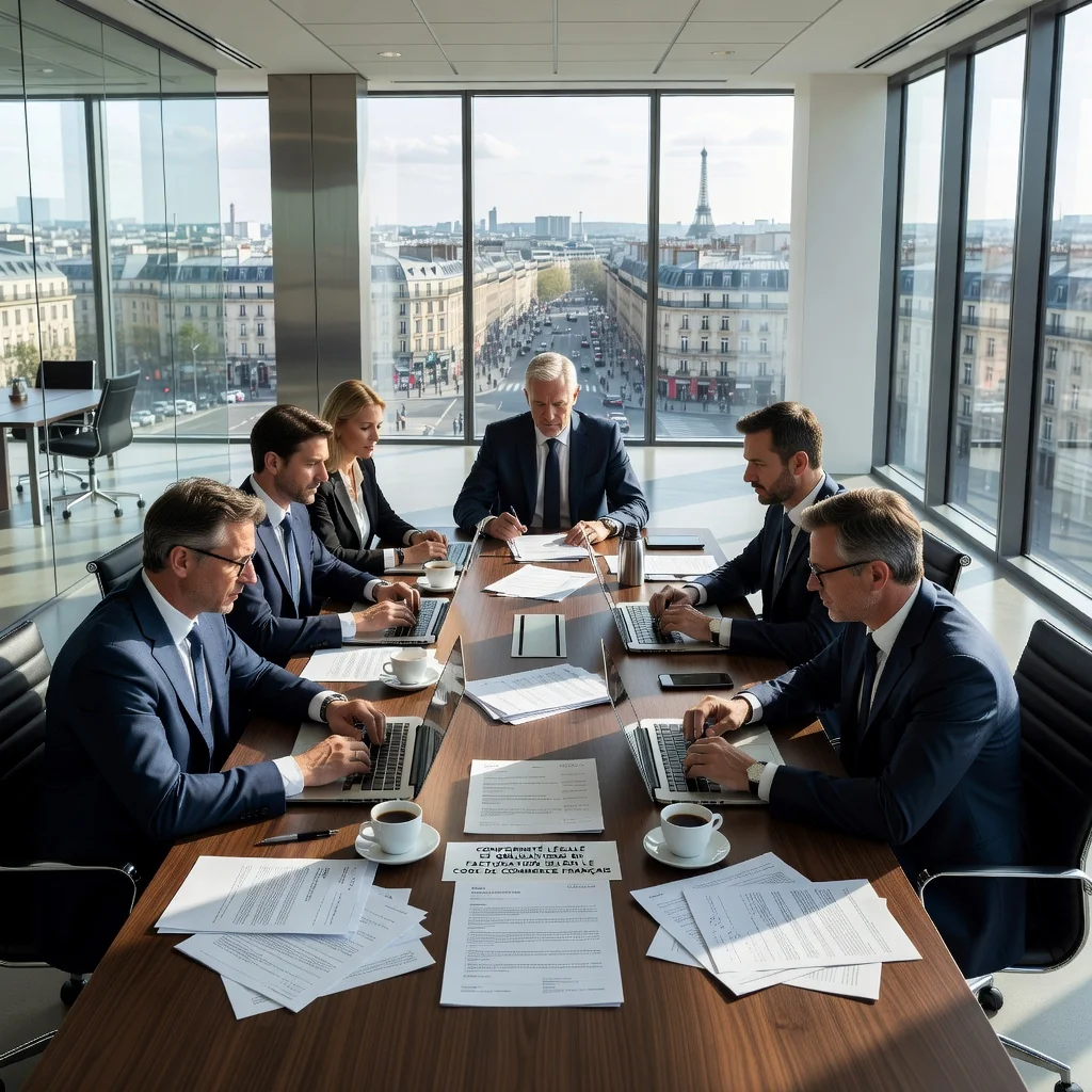 A photorealistic image of a professional business meeting in a modern French office, where adults are discussing legal documents with a focus on commercial invoices, symbolizing the legal obligations in French law. No children are present. The scene conveys compliance, professionalism, and French business culture.