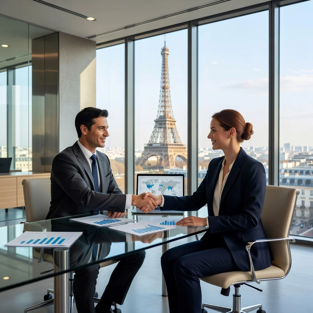 A photorealistic image representing international trade and commerce in France, showing a professional business meeting in a modern French office with views of the Eiffel Tower, where adults are discussing export documents and shaking hands on a deal, symbolizing the purpose of a commercial invoice in facilitating cross-border transactions.