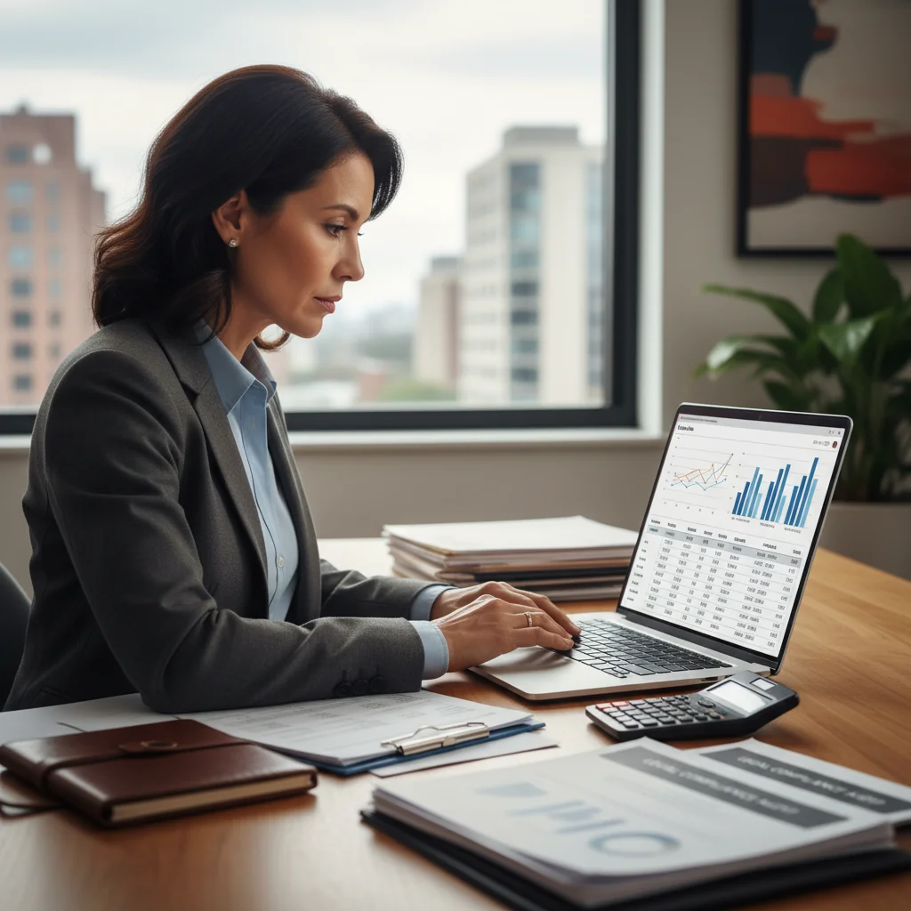 A photorealistic image of a professional adult businessperson in a modern office setting, reviewing financial documents on a computer screen, symbolizing compliance with legal invoicing requirements, no children present, highly detailed and realistic photography style.