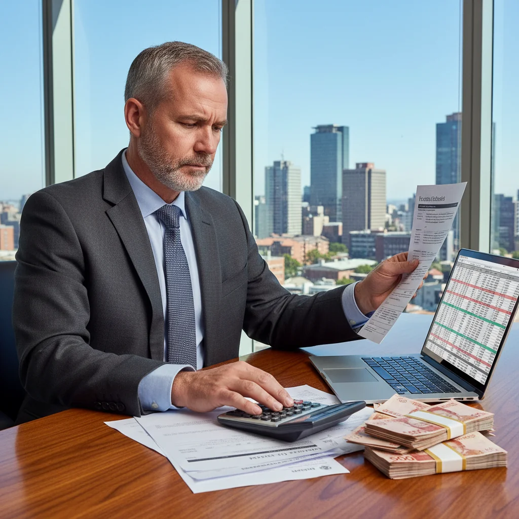 A photorealistic image of a professional adult South African businessperson in a modern office setting, reviewing financial documents on a desk with elements like a calculator, laptop, and South African Rand currency, symbolizing the importance of tax compliance and invoicing in business transactions. The scene conveys trust, accuracy, and professionalism in handling taxes, with warm natural lighting from a window overlooking a cityscape in Johannesburg.