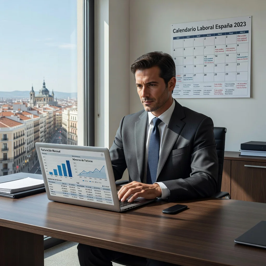 A photorealistic image of a professional businessperson in a modern Spanish office setting, reviewing financial documents on a computer screen with elements of Spanish culture like a flag or map in the background, symbolizing compliance and organization in invoicing processes. The scene conveys efficiency and reliability without focusing on the actual invoice document.