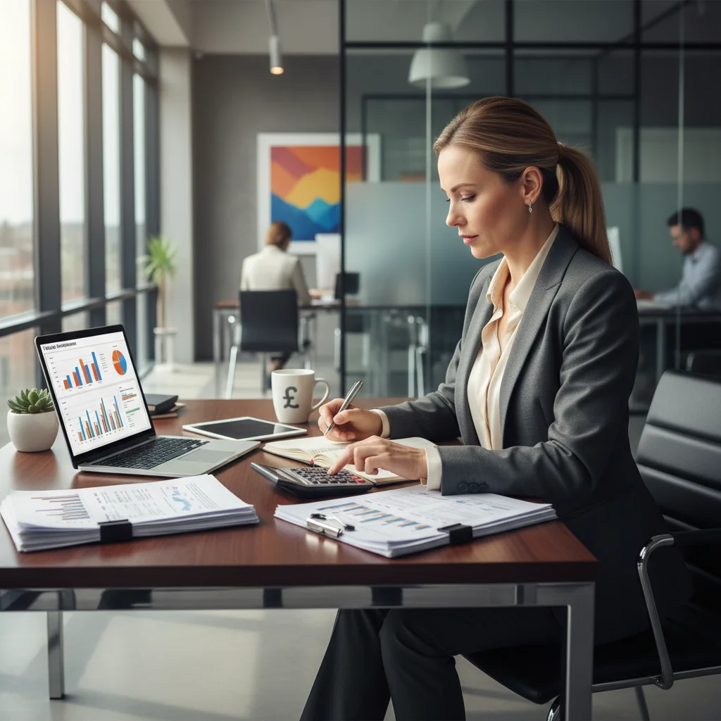 A photorealistic image of a professional business person in a modern office setting, carefully reviewing financial documents on a desk with a calculator and computer, symbolizing the preparation of value-added tax invoices without showing any actual documents.