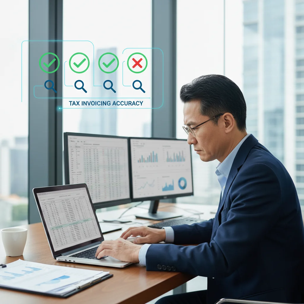 A photorealistic image of a professional businessperson in a modern office setting, carefully reviewing financial documents on a computer screen, with elements symbolizing error correction like a red pen marking a checklist, conveying the theme of avoiding common mistakes in VAT invoice usage without showing actual documents.