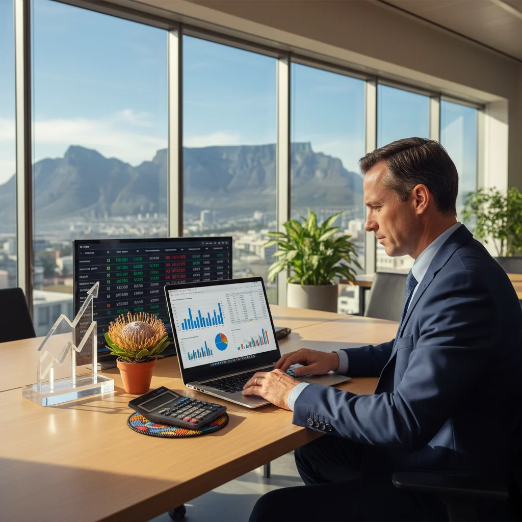 A photorealistic image of a professional South African businessperson in a modern office, carefully reviewing tax documents on a computer screen, with subtle South African elements like a flag or landscape in the background, symbolizing the importance of accurate tax invoicing without focusing on the document itself.