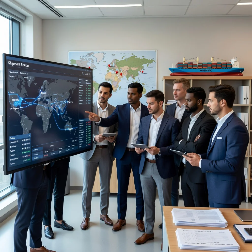 A photorealistic image of a professional business scene related to international export, such as a diverse group of adults in a modern office reviewing shipment details on a computer screen, with global trade elements like a world map or cargo ship in the background, evoking the preparation of export documentation without showing any actual documents.