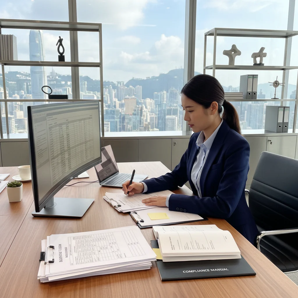 A photorealistic image of a professional businessperson in a modern Hong Kong office, reviewing official documents on a desk with a laptop, symbolizing the formal invoice application process in Hong Kong, with city skyline visible through the window.