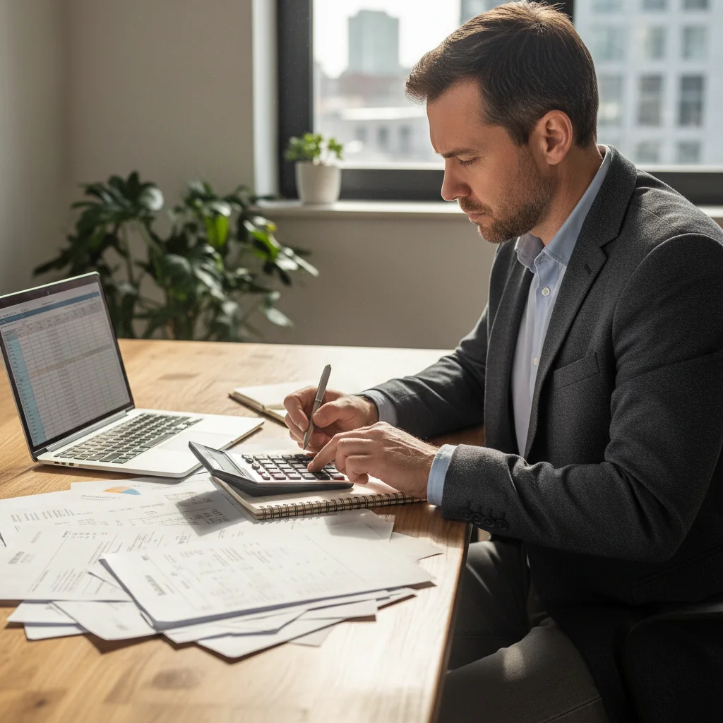 A photorealistic image of a professional adult businessperson in a modern office setting, reviewing financial documents on a desk with a calculator and laptop, symbolizing the management and understanding of formal and temporary invoices in business transactions. The scene conveys accuracy, compliance, and organization in invoicing processes, with natural lighting and realistic details.