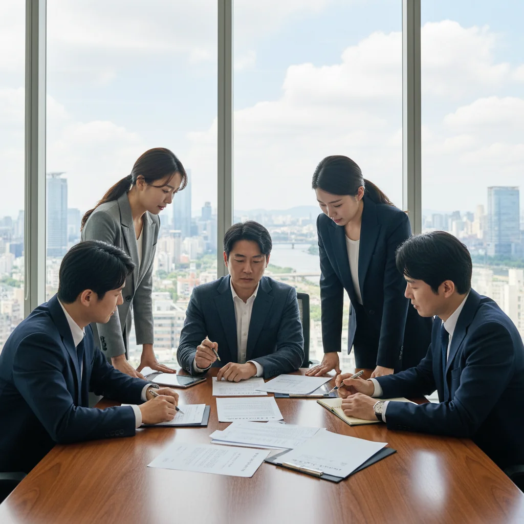 A photorealistic image of a professional Korean business meeting in a modern office, where adults are discussing official documents like invoices, symbolizing legal compliance and business transactions, with no children present.