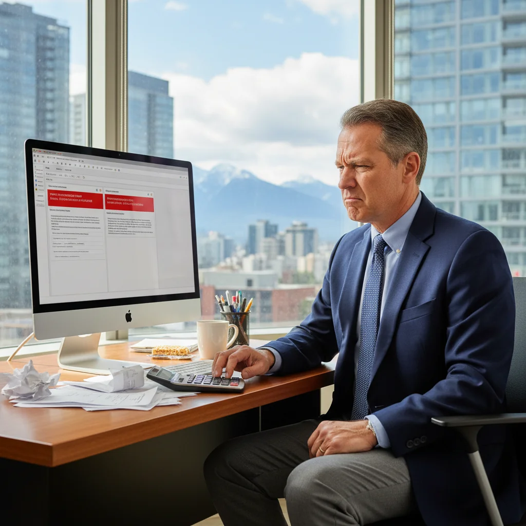 A photorealistic image of a professional adult businessperson in a modern Canadian office setting, looking stressed while reviewing financial documents on a computer, symbolizing common invoicing mistakes, with elements like a maple leaf subtly in the background to represent Canada. No children are present in the image.