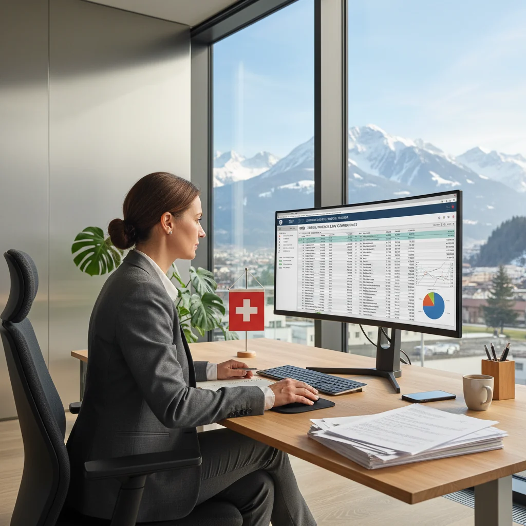 A photorealistic image of a professional Swiss business setting, featuring an adult accountant or financial advisor reviewing financial documents at a modern office desk with Swiss Alps visible through a window, symbolizing the importance of accurate invoicing and billing practices in Switzerland. No children are present in the image.