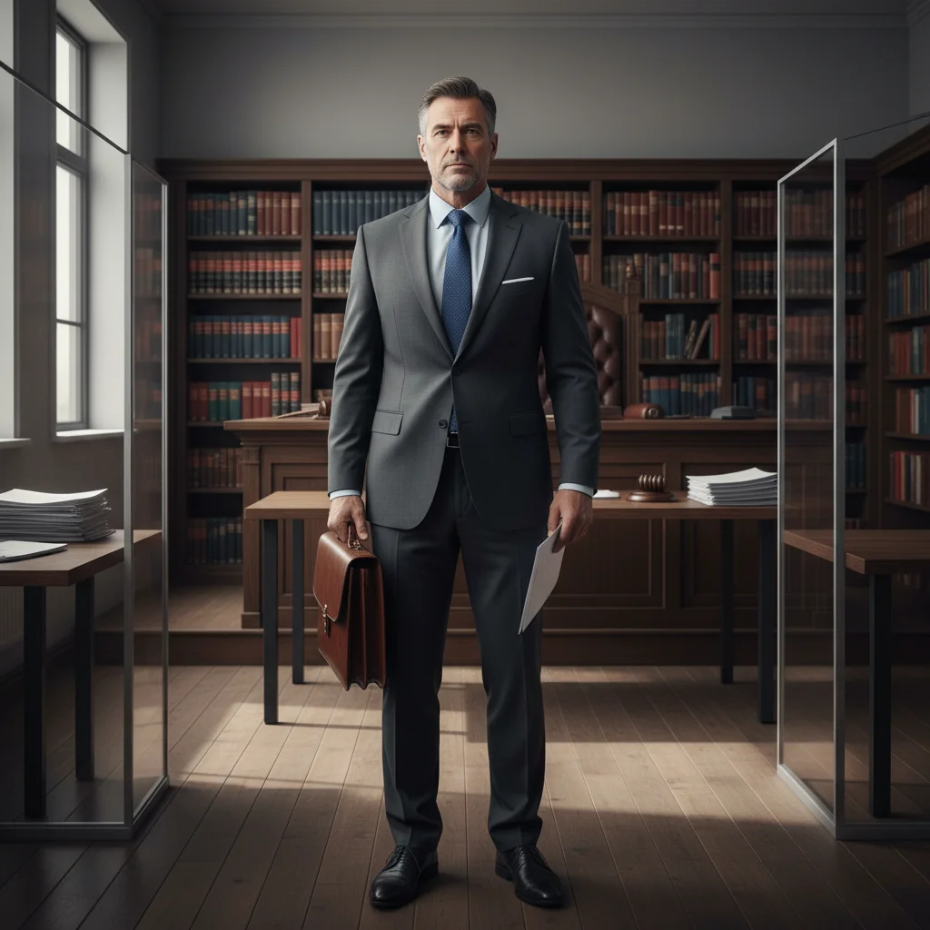 A photorealistic image depicting an adult professional in a formal setting, such as a courtroom or lawyer's office, symbolizing the process of appealing against a formal challan or legal notice, with elements like legal documents or a gavel in the background, but not focusing on the document itself.