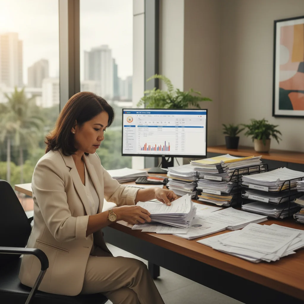 A photorealistic image of a professional Filipino accountant or business owner in a modern office setting in the Philippines, meticulously organizing financial documents and receipts on a desk, symbolizing compliance and accuracy in tax reporting for BIR requirements. The scene conveys trust, professionalism, and regulatory adherence without focusing on the documents themselves. No children are present in the image.