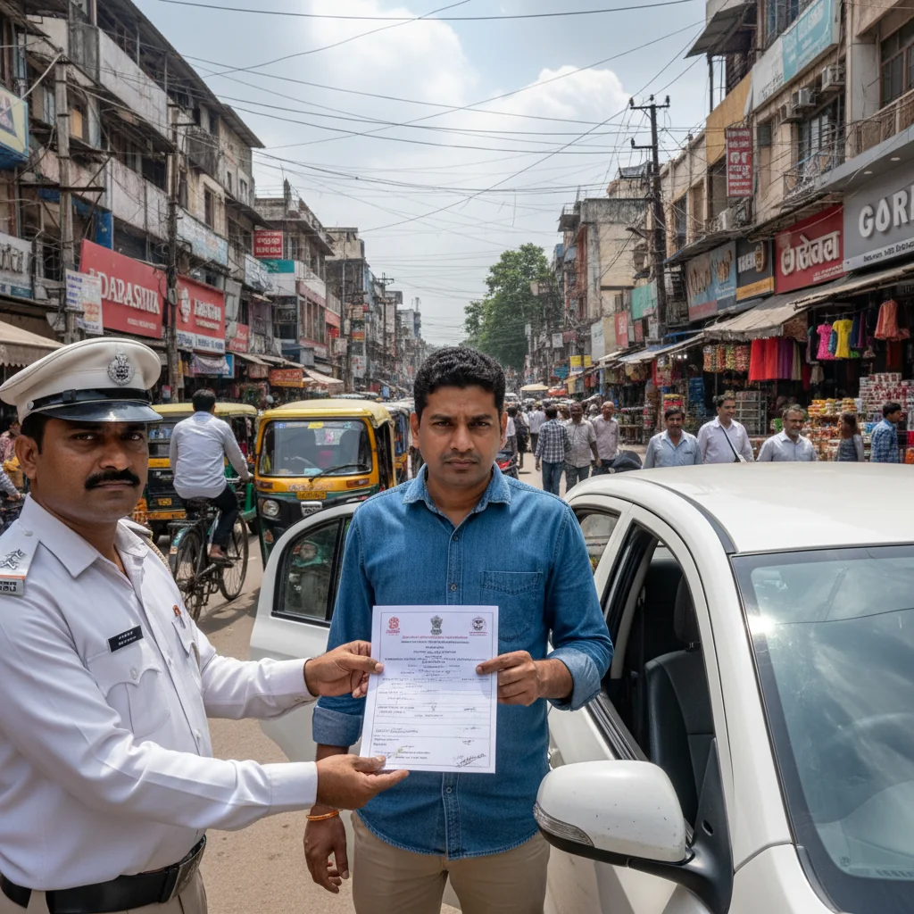 A photorealistic image of an adult Indian driver receiving a formal traffic challan from a traffic police officer on a busy urban street in India, symbolizing the purpose of formal challans as official traffic violation documents.
