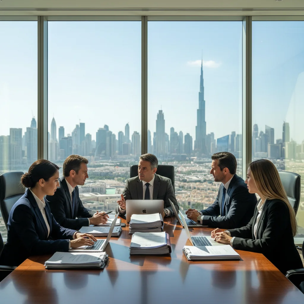 A photorealistic image of a professional business meeting in a modern UAE office, with diverse adult executives reviewing corporate paperwork on a conference table, overlooking the Dubai skyline through large windows, symbolizing official business documentation in the United Arab Emirates.