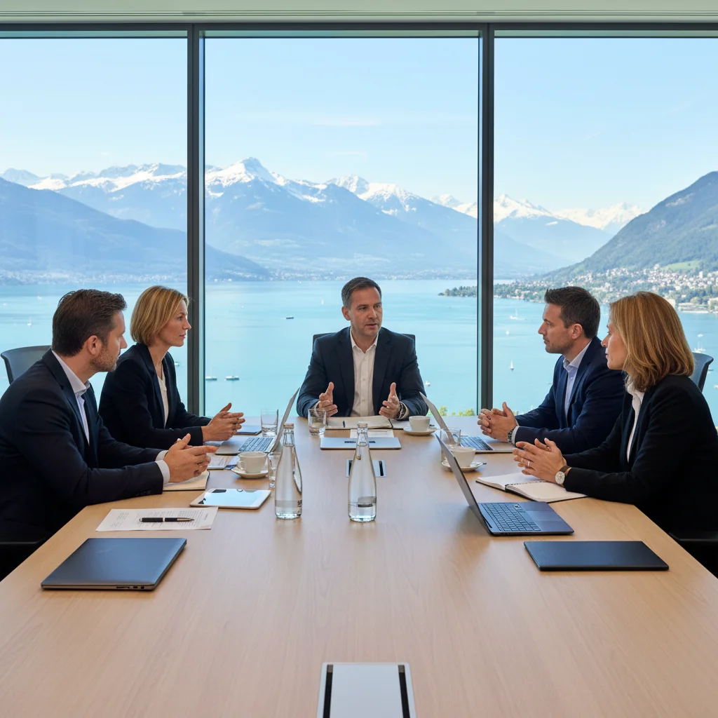 A photorealistic image of a professional business meeting in a modern Swiss office, overlooking the Alps, symbolizing corporate documentation and compliance in Switzerland.