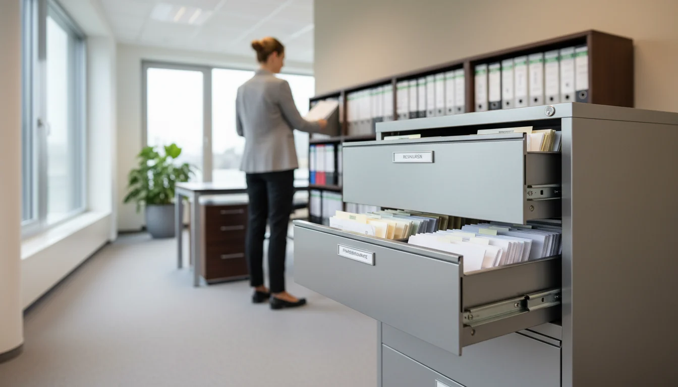 Swiss corporate filing cabinet scene