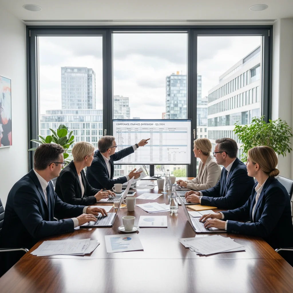 A professional business meeting in a modern German corporate office, with adults discussing documents around a conference table, symbolizing corporate invoicing and business transactions in Germany.