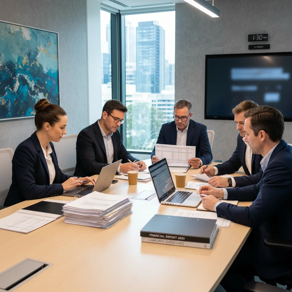 A photorealistic image of a professional business meeting in an Australian office setting, with adults discussing financial documents and tax-related matters, evoking trust and compliance in corporate taxation.