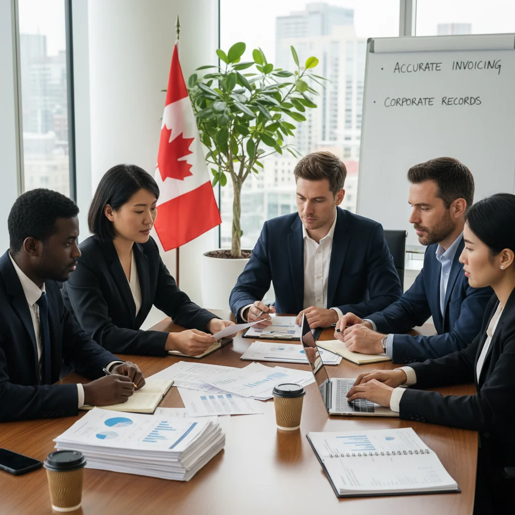 A photorealistic image of a professional business meeting in a modern Canadian office, with adults in business attire discussing financial documents around a conference table, symbolizing invoicing and corporate documentation processes.