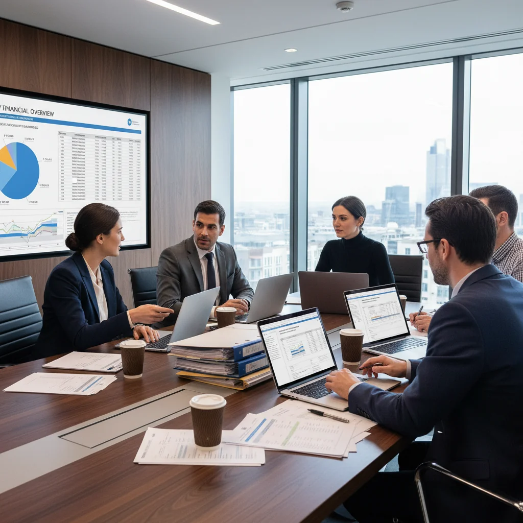 A photorealistic image of a professional business meeting in a modern UK office, with adults in suits discussing finances around a conference table, symbolizing corporate invoicing and documentation processes.