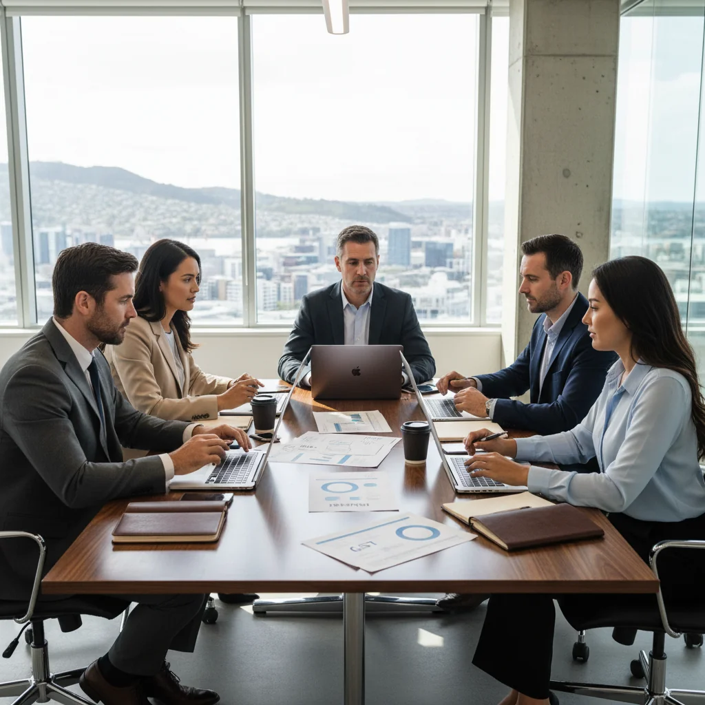 A photorealistic image of a professional business meeting in a modern New Zealand office, with diverse adults discussing financial documents around a conference table, symbolizing tax compliance and corporate administration. The scene includes elements like a window view of Auckland skyline, coffee mugs, laptops, and paperwork, evoking trust and organization in business finances. No children are present in the image.