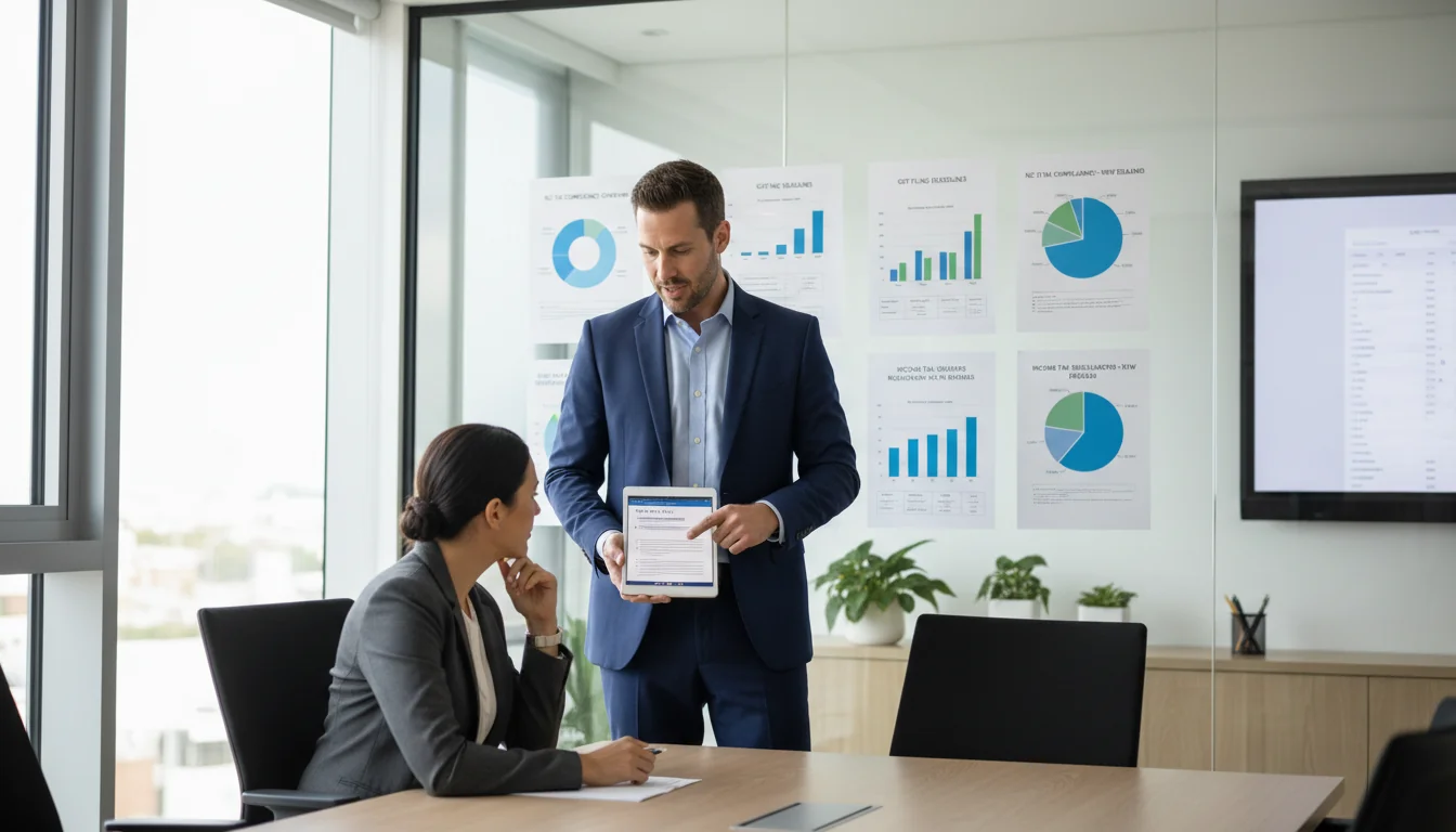 Business meeting discussing invoices