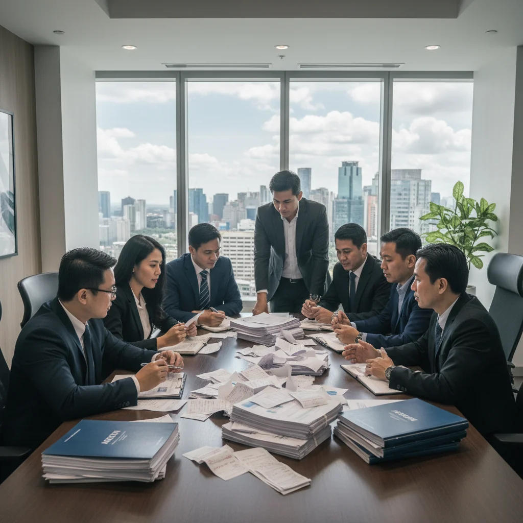 A professional business scene in a modern Philippine office, showing a diverse group of adult Filipino professionals in business attire reviewing financial documents at a conference table, symbolizing official receipts and corporate compliance, with subtle Philippine elements like a flag or city skyline in the background. No children present. The image evokes trust, organization, and business efficiency.