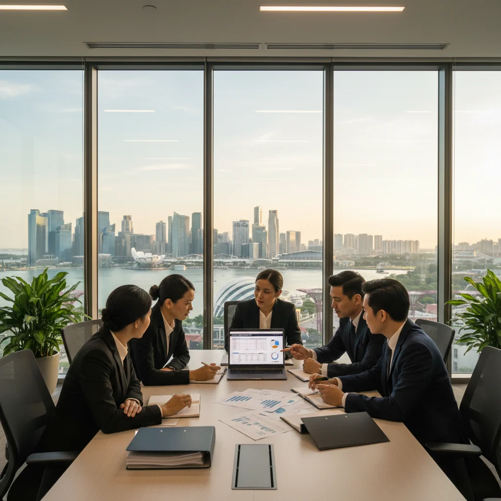 A professional business scene in a modern Singapore office, showing a diverse group of adult professionals in business attire reviewing financial reports on a computer screen, with the Singapore skyline visible through large windows in the background, symbolizing compliance and efficiency in corporate tax invoicing processes.