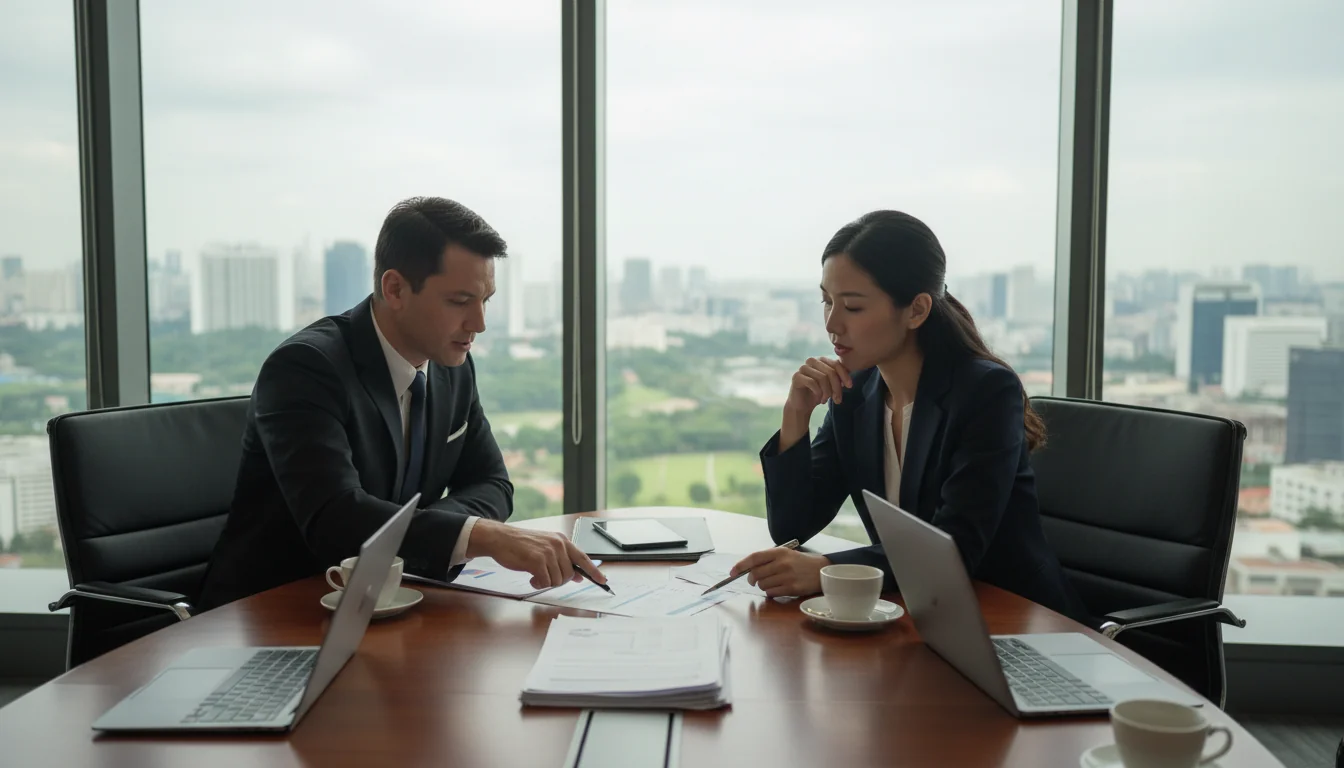 Business meeting discussing invoices