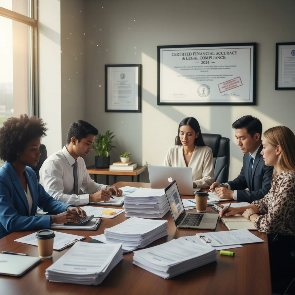 A photorealistic image of a professional business meeting in a modern office, where adults are discussing financial documents and invoices on a table, symbolizing the management and legal aspects of invoicing in the United States.