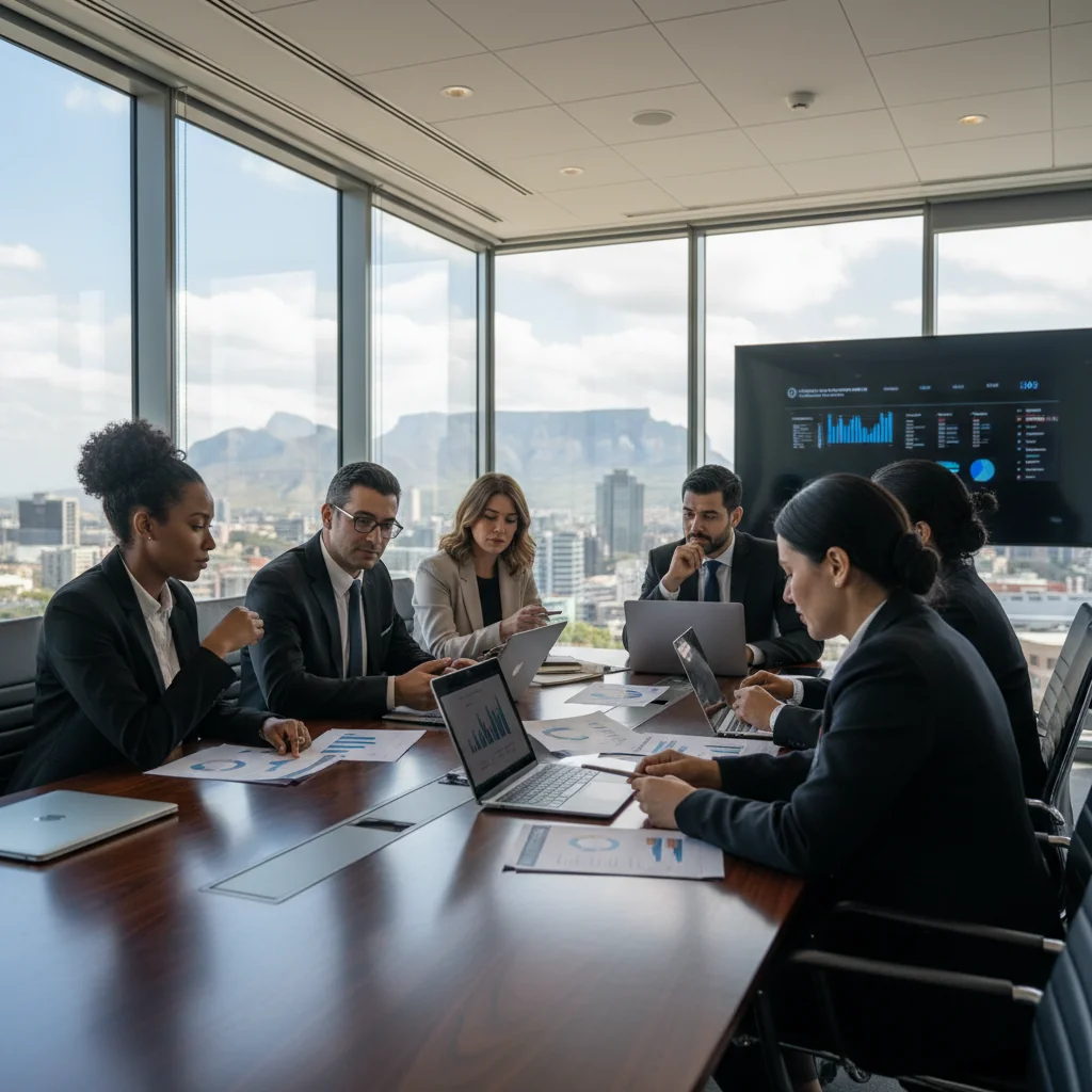A professional business meeting in a modern South African corporate office, with diverse adult professionals discussing finances around a conference table, evoking trust and compliance in tax invoicing processes.