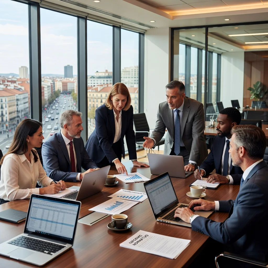 A photorealistic image of a professional business meeting in a modern Spanish office, with adults discussing corporate finances around a conference table, symbolizing the management and compliance aspects of factura corporate documents in Spain.