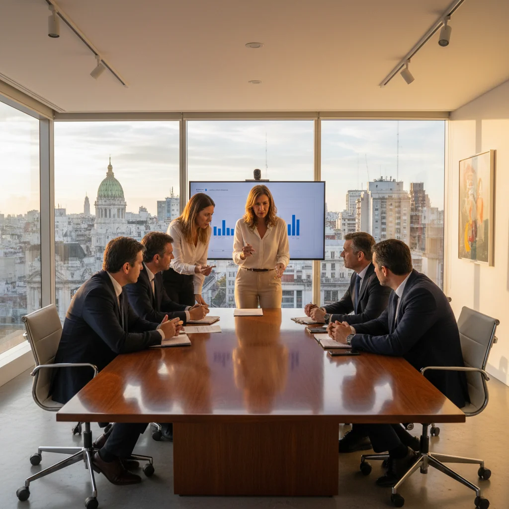 A photorealistic image of a professional business meeting in a modern Argentine office, with adults in business attire discussing corporate finances and documents at a conference table, evoking themes of compliance and business operations in Argentina, no children present.