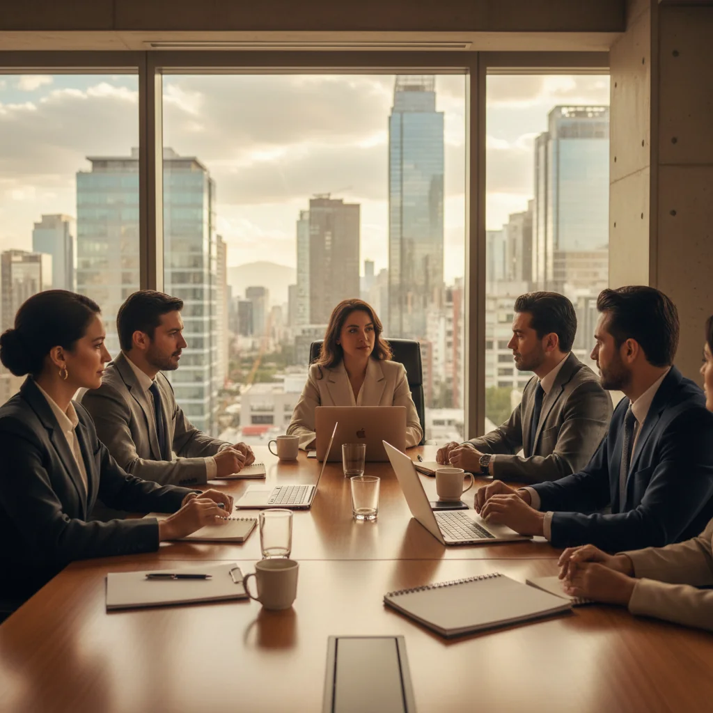 A photorealistic image of a professional business meeting in a modern Mexican corporate office, with diverse adult professionals discussing formal documents around a conference table, symbolizing the importance of official corporate paperwork in Mexico. No children are present.