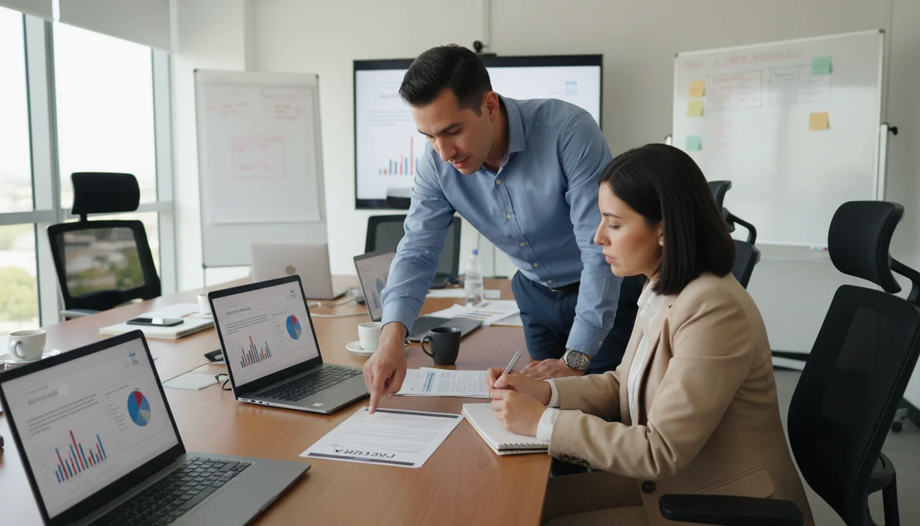 Business meeting discussing formal invoices