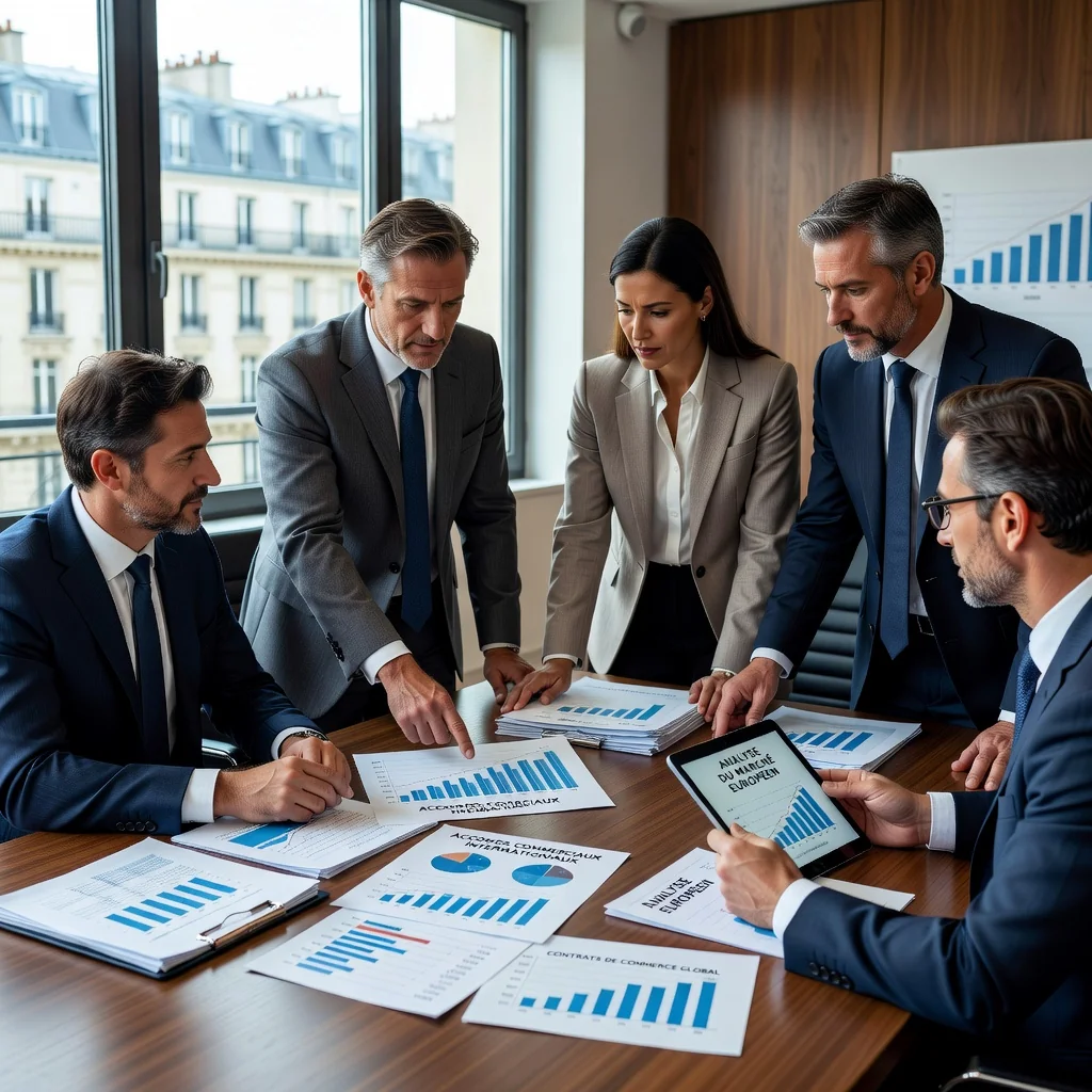 A photorealistic image of a professional business meeting in a modern French office, with adults in suits discussing documents around a conference table, symbolizing corporate commerce and international trade, with subtle French elements like the Eiffel Tower in the background view.