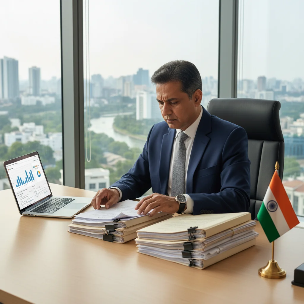 A photorealistic image of a professional Indian business executive in a modern office setting, reviewing formal corporate paperwork on a desk with a laptop and Indian flag in the background, symbolizing compliance and official documentation processes in India, no children present.